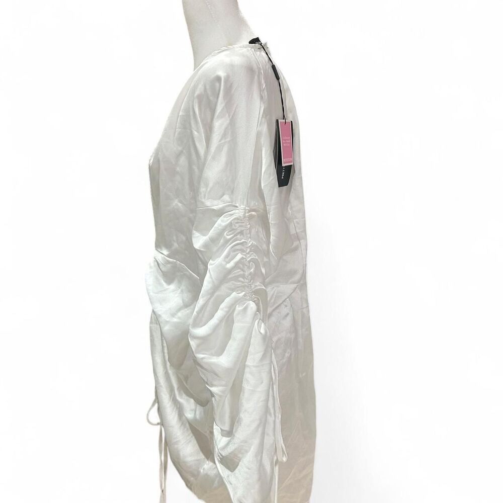 White Satin Plunge Ruched Front Dress - Picture 3 of 8